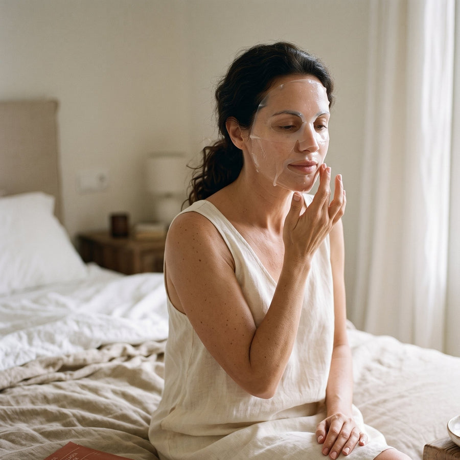 Mujer aplicándose la mascarilla de bio-colágeno antes de dormir